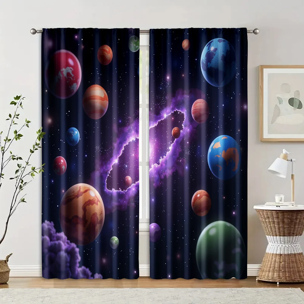 2pcs, Curtains Roller Blinds Galaxy Planet Machine Washable (without rod) Art Deco Festive for Living Room, Bedroom & Home