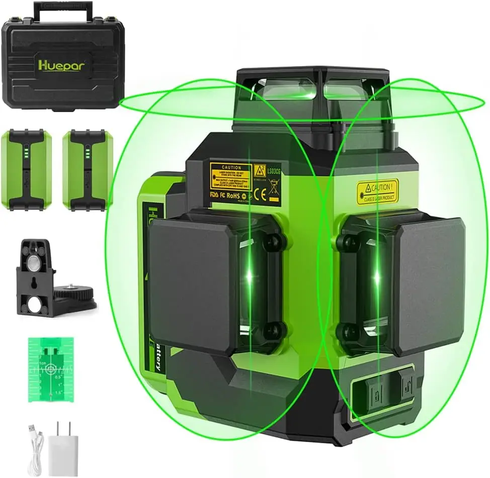 Laser Level 360 Self Leveling with 2 Batteries, Professional 3 x 360° Cross Line Green Laser Level, High Brightness 3D La