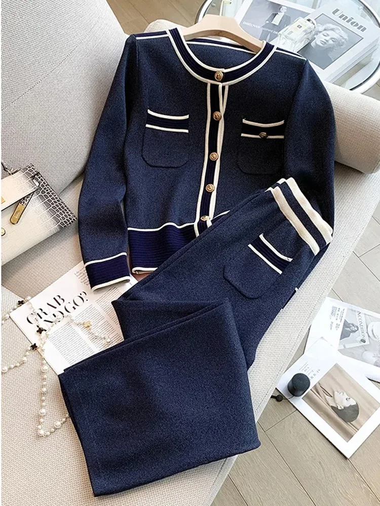 Autumn Winter Striped Knitted Pants 2 Piece Set Women Korean Long Sleeve Cardigan Sweaer and Wide Leg Pants Suits Casual Outfits