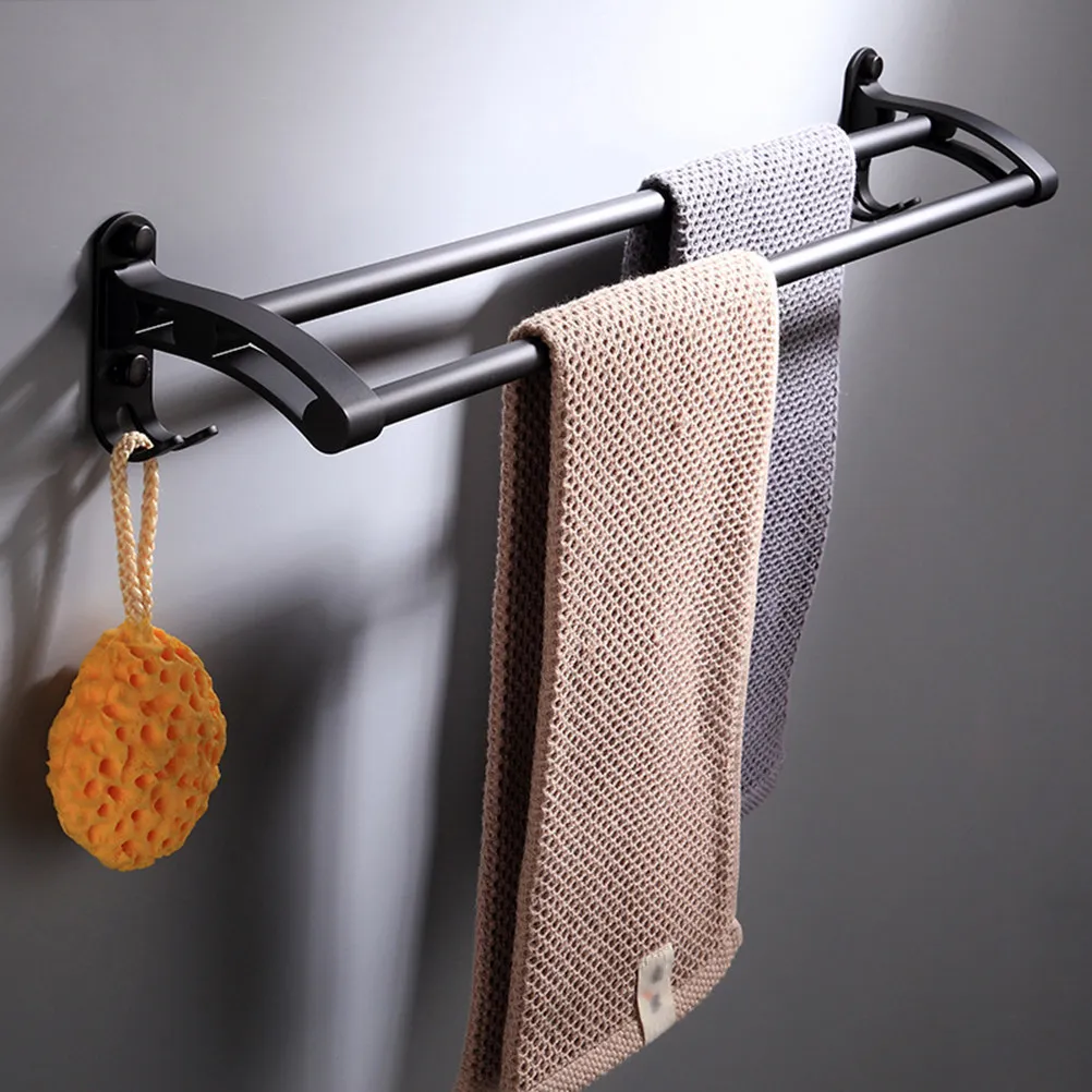 

Space Aluminum Double Pole Towel Bar Black Wall Mounted Concealed Screws Design Elegant Brushed Finish Bathroom Kitchen Towel