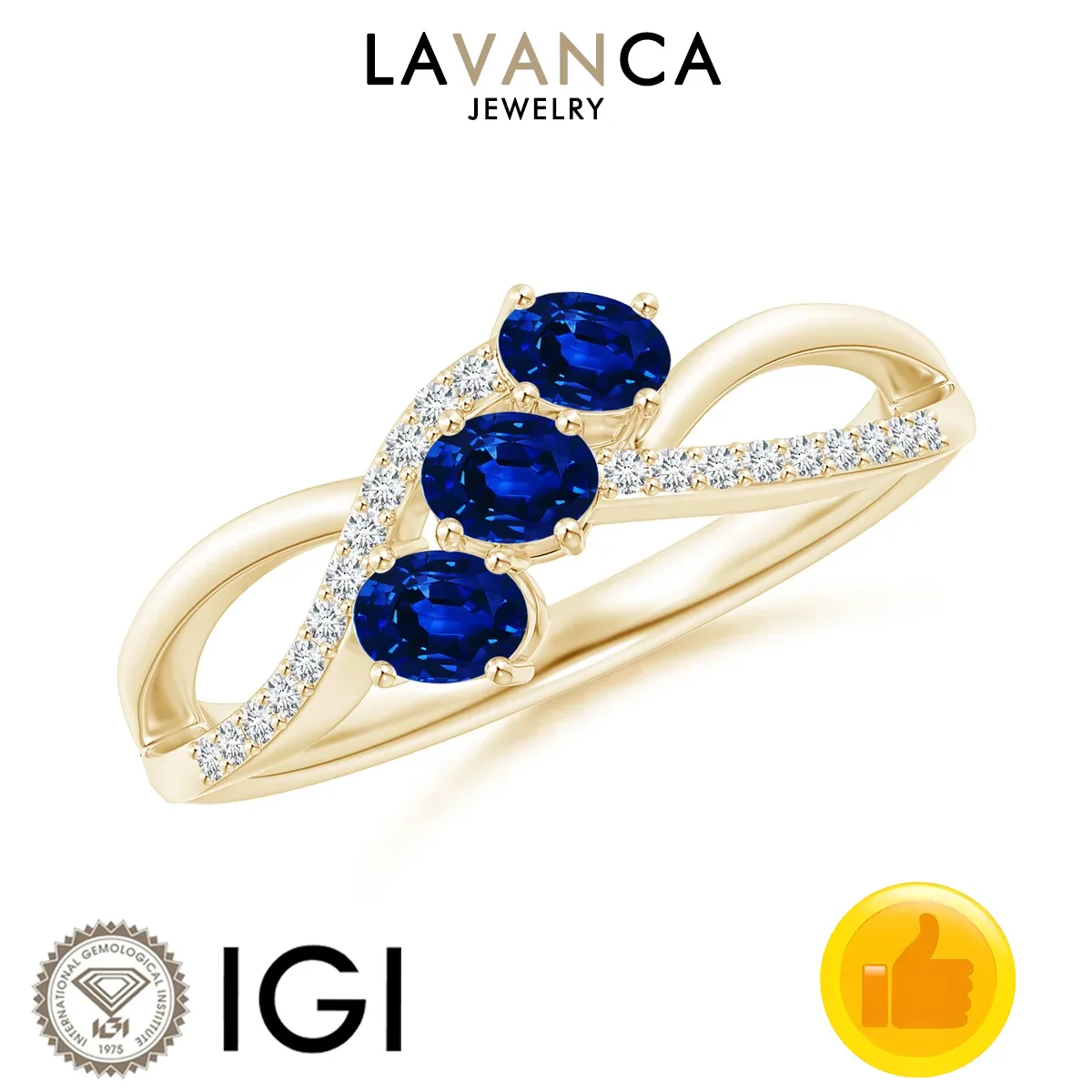 Three Oval Cut Lab Grown Sapphire Ring Round Lab Diamond Accents Ring 9K/14K/18K Yellow Openwork Twist Shank Ring For Women