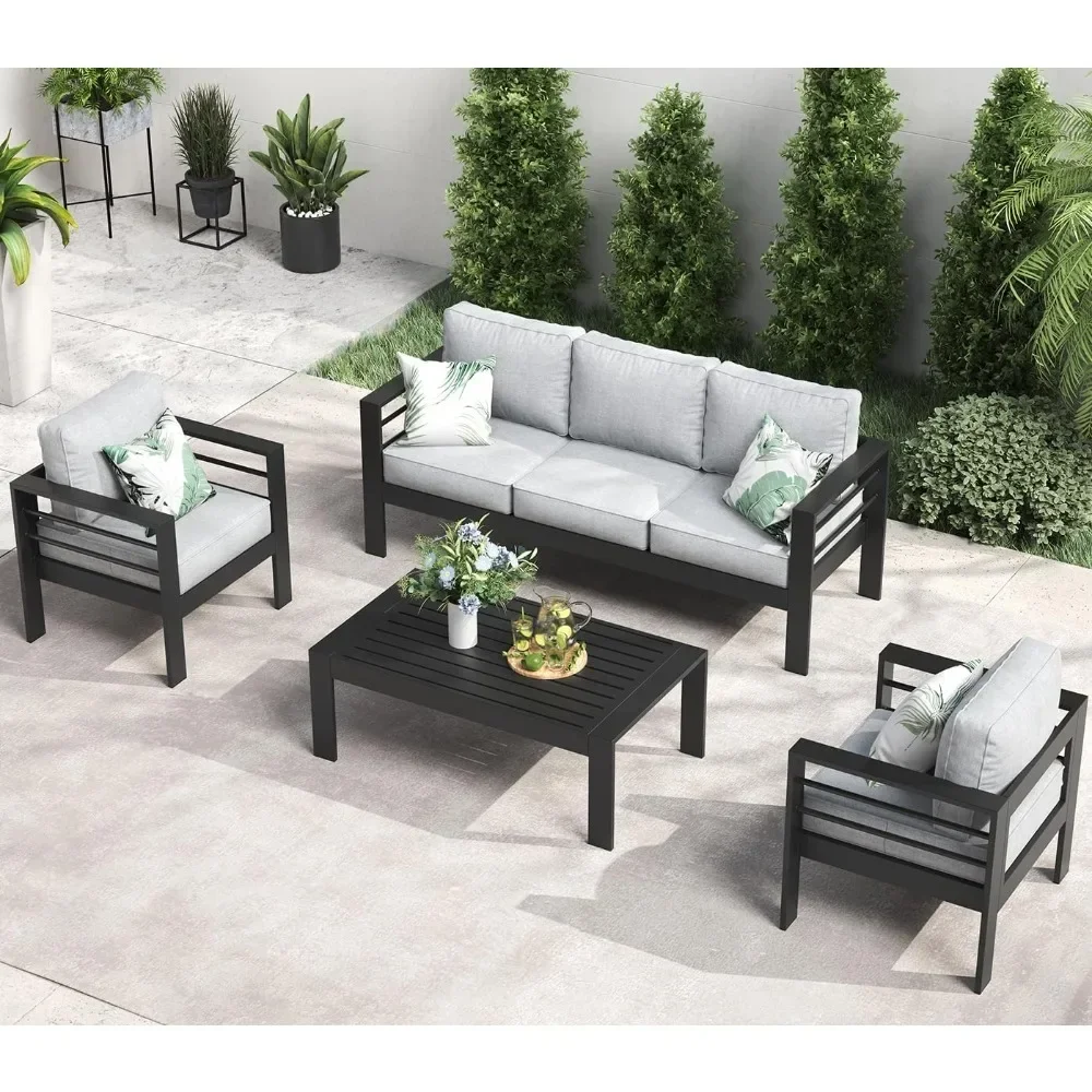 Aluminium-Möbelset für den Außenbereich, 4-teiliges Set mit segmentiertem Gesprächs-Chat-Sofa auf der Terrasse, modernes Sitz garnitur mit Couch tisch