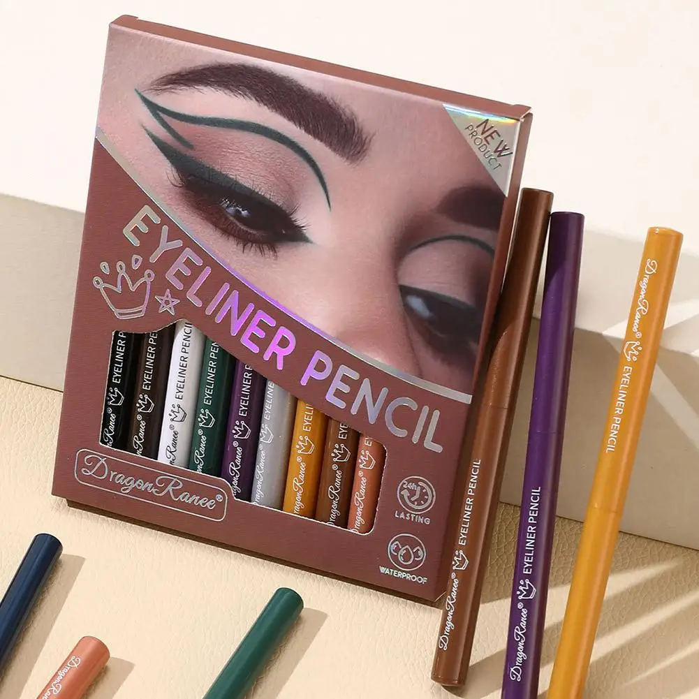 ใหม่ 12 สีอายไลเนอร์ปากกาอายไลเนอร์สีกันน้ำแต่งหน้าสีขาวเครื่องสำอางสีแดงสีเขียวสีน้ำตาลตาสีทองสีฟ้าเครื่องมือ E1W4