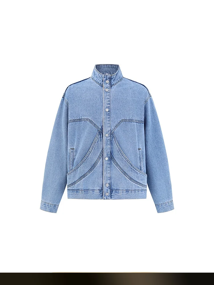 

Retro American Waed Splicing Denim Jaet Casual Versatile Autumn Workwear for Couples Loose Fit Youthful ular Cotton Po...