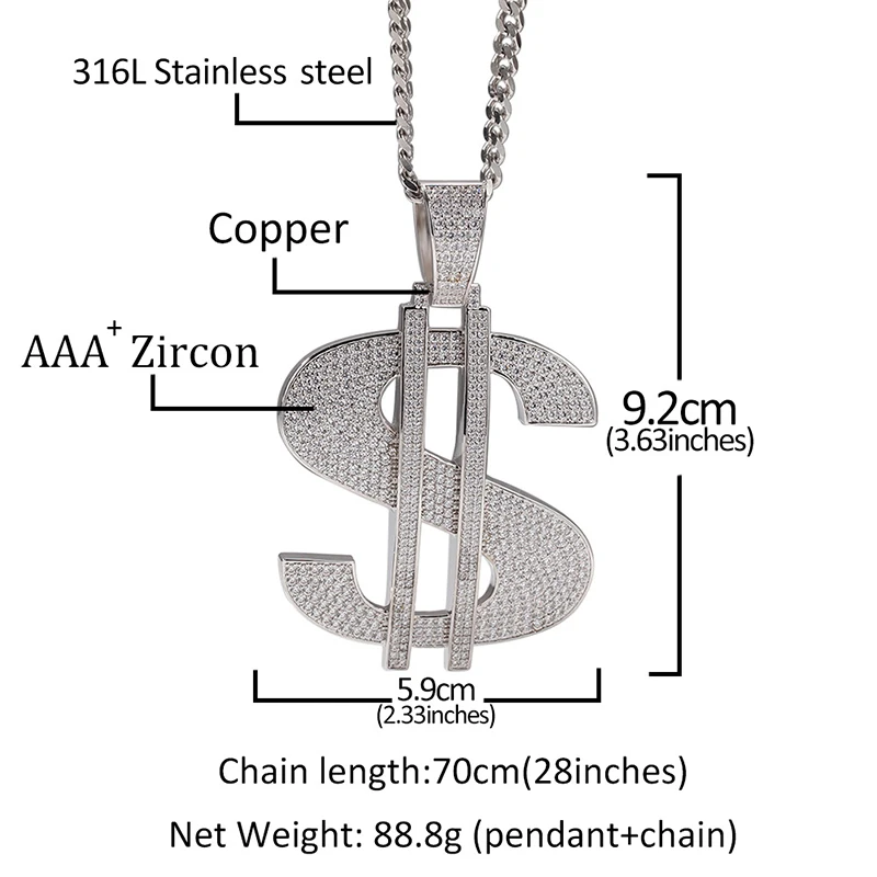 Big Model US Dollar Money Sign Pendants Necklace for Men Hip Hop AAA CZ Stone Bling Iced Out Rapper Jewelry Gold Color