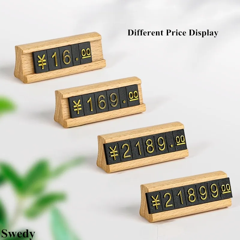 

Small Wood Base Digital Number Dollar Eur Symbol Plastic Jewelry Price Cube Tags Watch Ring Price Label Holder Display Stand