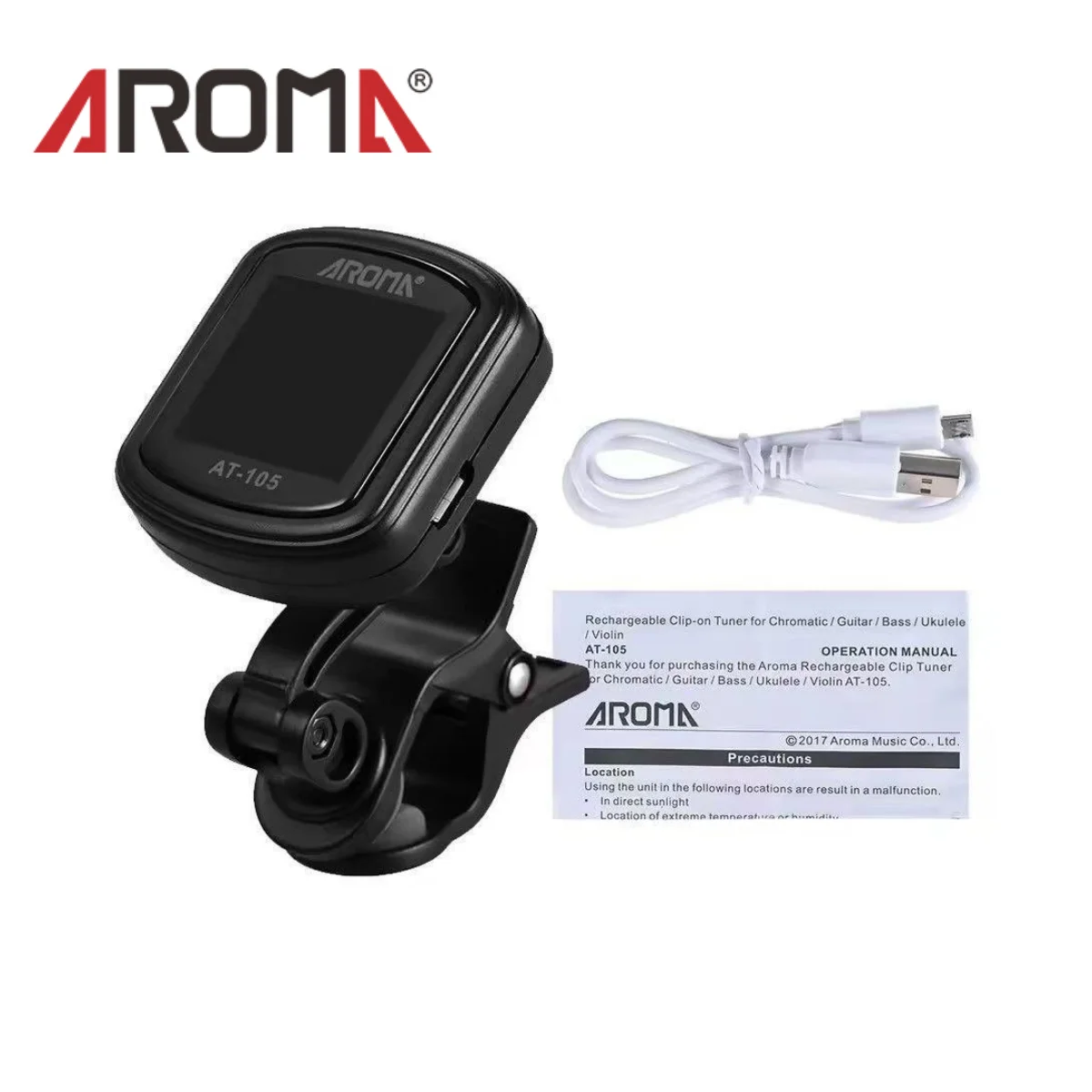 Aroma AT-105 Clip On Guitar Tuner, Rechargeable Fast Accurate Tuning 360° Rotating for Chromatic Guitar Bass Ukulele Violin