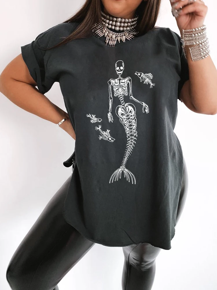 Seeyoushy Mermaid Skull Print Vintage Women T Shirt Side Slit Summer Funny 90s T Shirt Drop Shoulder Short Sleeve T Shirts Tops