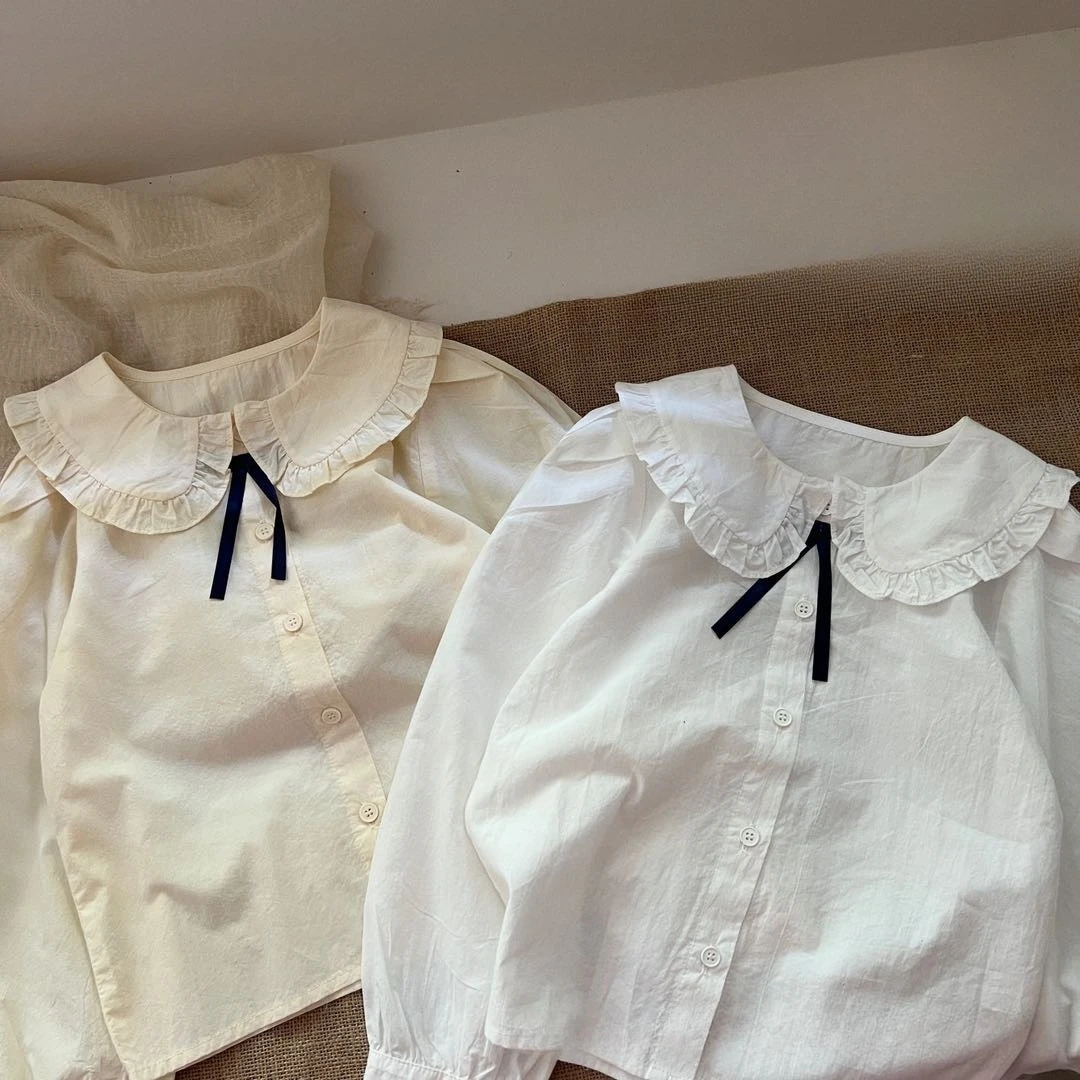 

White blouse for girls clothes children's shirts 2025 autumn Korean version of foreign style lace