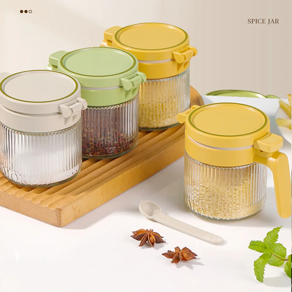 Glass Condiment Jars With Lid Handle For Serving Storing Sugar Spice Salt Seasoning Container Built-in Control Scraper Press