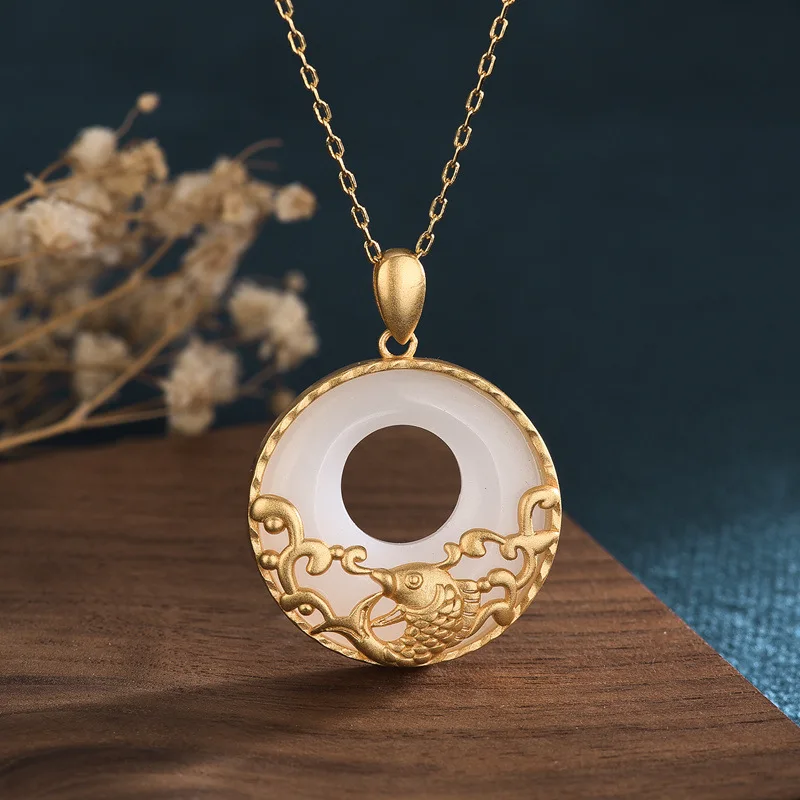 

Charm China Style Jewelry Necklace Enamel Gold Inlaid Chalcedony Necklace Koi Fish Spray Jade Vintage Couple Necklaces for Women