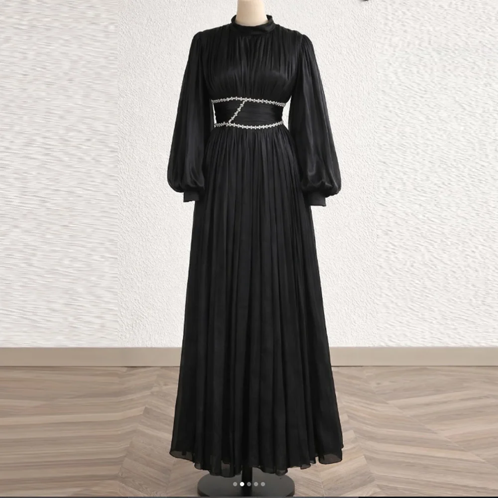 

Индивидуальное вечернее платье А-силуэта длиной до щиколотки с высоким воротом и длинными рукавами, модное, с кристаллами и драпировкой, для вечеринок