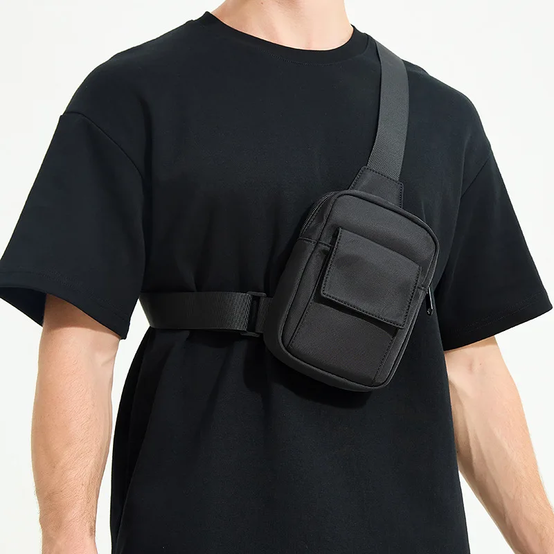 Men's Black Nylon Mini Crossbody Bag with Front Flap Pocket and Adjustable Strap Casual Sling Chest Pack for Daily Travel