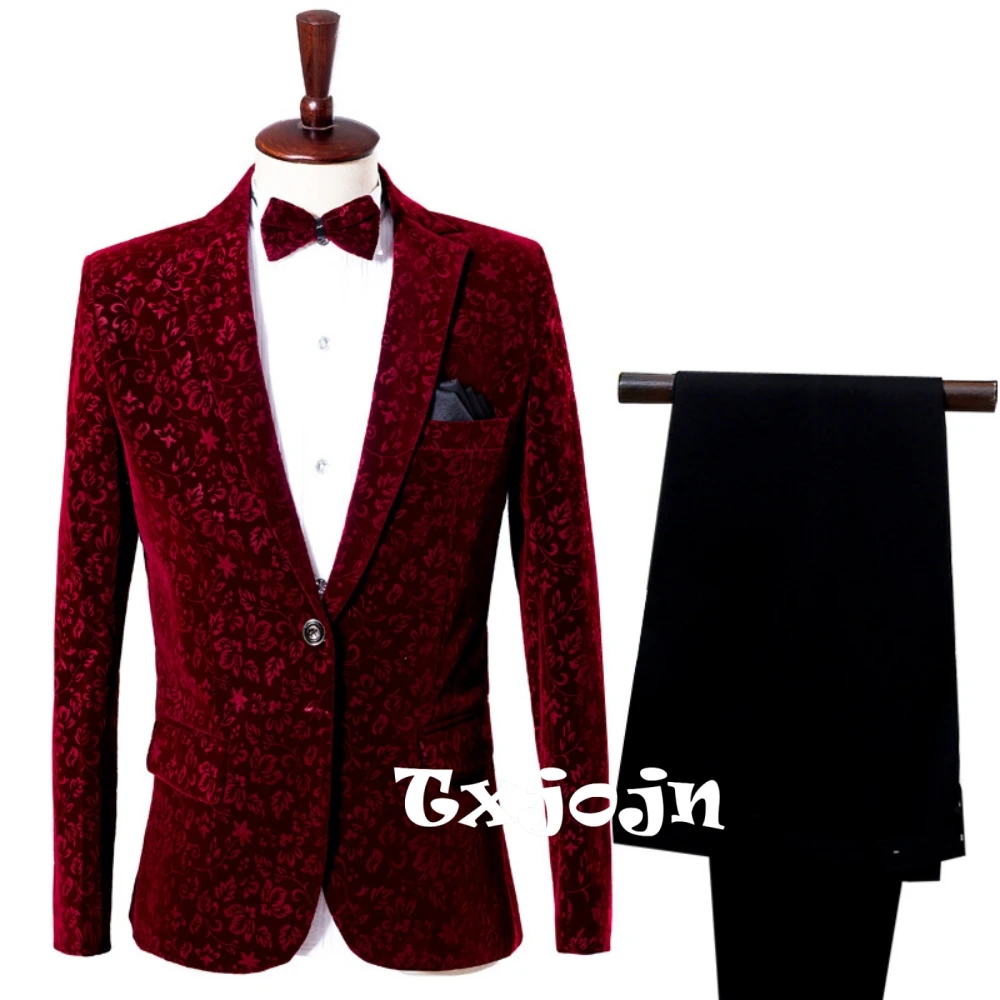 

Wine Red Men's Jacquard Suits 2 Pieces Banquet Party Wear Exquisite Elegant Notched Lapel Suit Set For Men Plus Size S-4XL