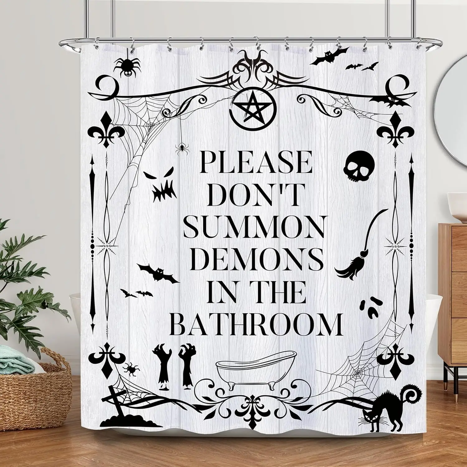 Funny Toilet Rules Shower Curtain Gothic Halloween Goth Witchy Bathroom Signs Horror Fabric Shower Curtain for Bathtub