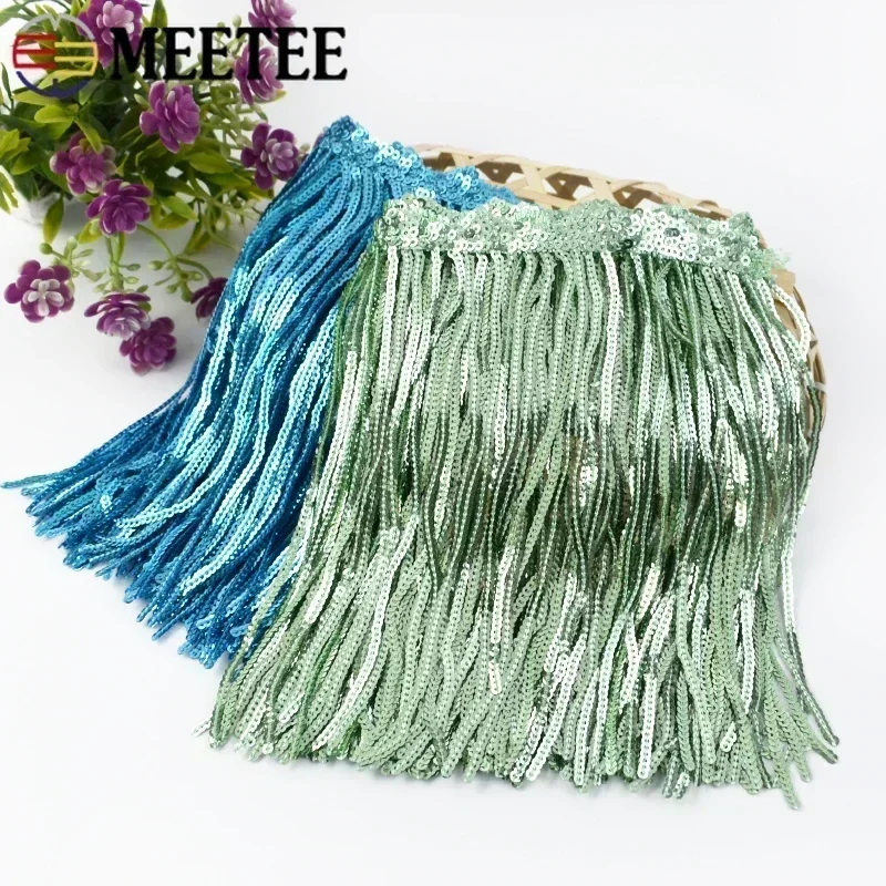 Meetee 1/2/3/5Yards 17cm Laser Sequins Tassel Lace Trim Glitter Fringe Ribbon for Show Clothes Dress Crafts Sewing Accessories