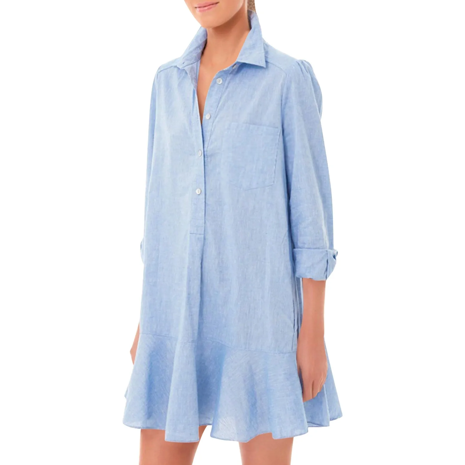 Abiti larghi da donna moda Casual mezza camicia aperta orlo volant abiti solidi classici data pendolare quotidiana abito semplice a maniche lunghe