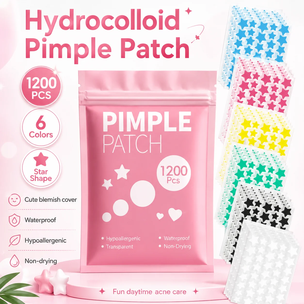 1200pcs Star Pimple Patches For Face Hydrocolloid, Absorbing Cover, Tea Tree, Hydrocolloid Acne Patch, Cute Star Pimple Patch