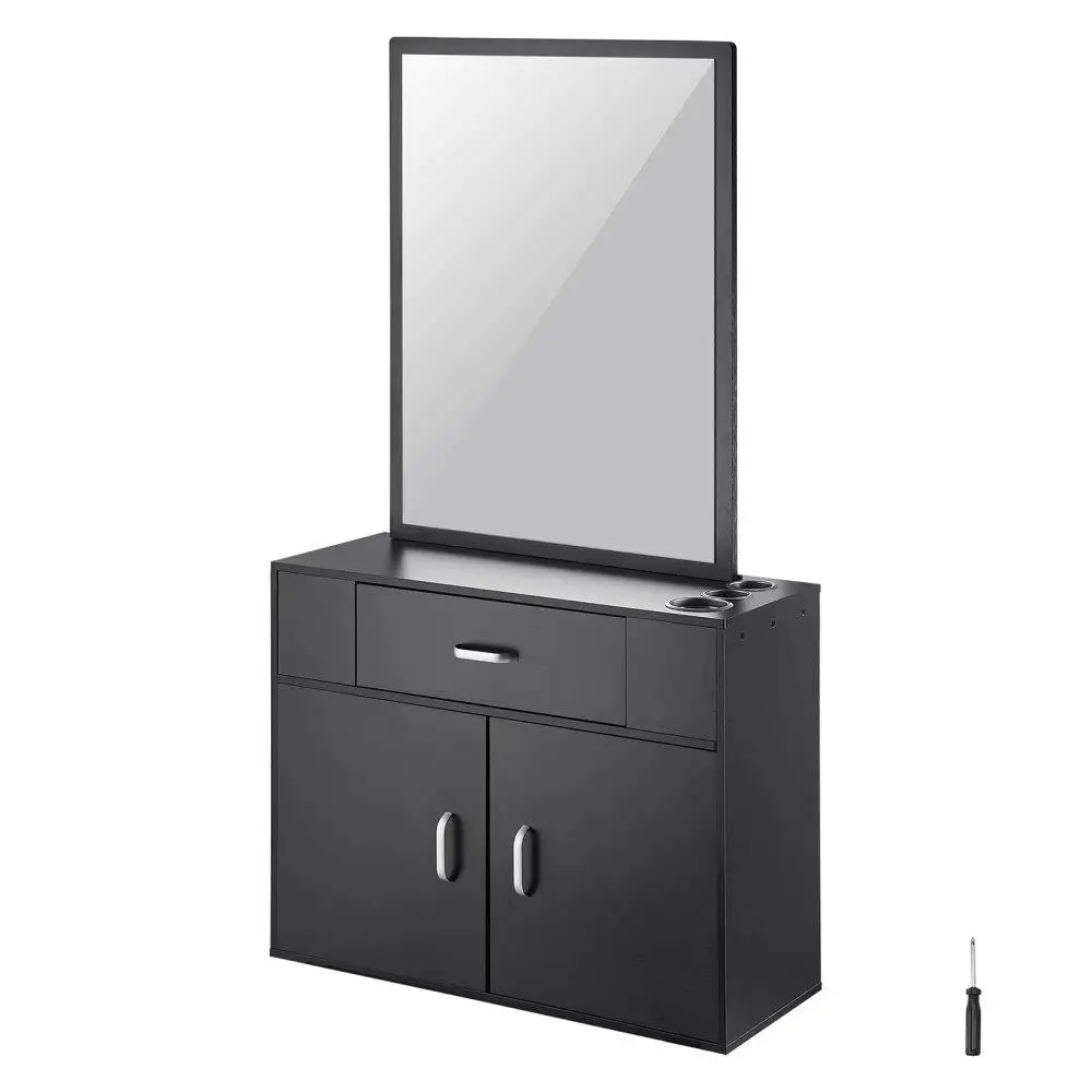 

Salon Wall Organizer 3 Holder Hairdresser Storage Unit with Mirror Dual Door and Single Drawer Black