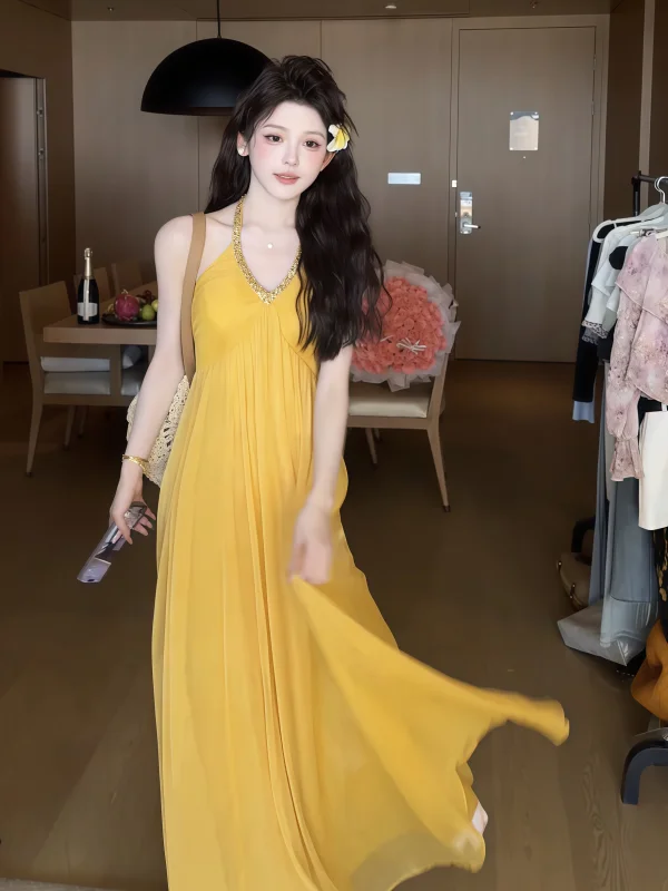 E Vestido Largo con Escote en V y Pedrería, Estilo Veraniego de Lujo para Mujer, Estilo Vacacional, Cintura Alta, Sin ...