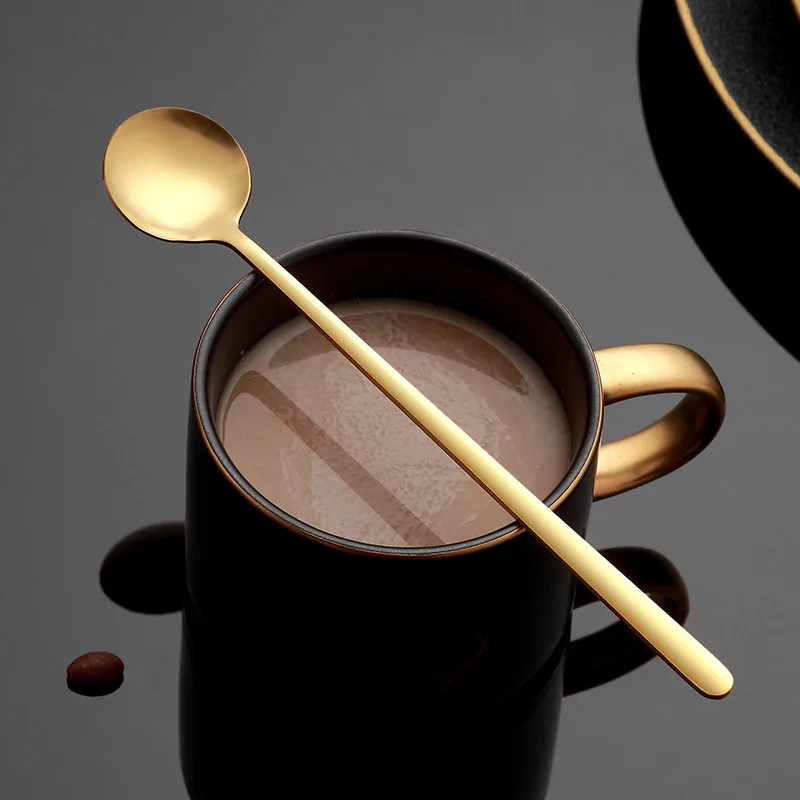 

4Pcs Gold Stainless Steel Coffee Stirring Spoons Small Round Bowl Dessert Spoons Long Handle for Hot Tea Hot Chocolate Iced