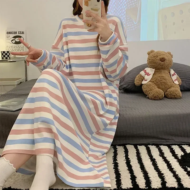 Piece Nightgown 2023 Dress Loose Nightwear In Women Striped Night New Pajamas Woman Home One Long Sleepwear Casual Autumn Sleeve