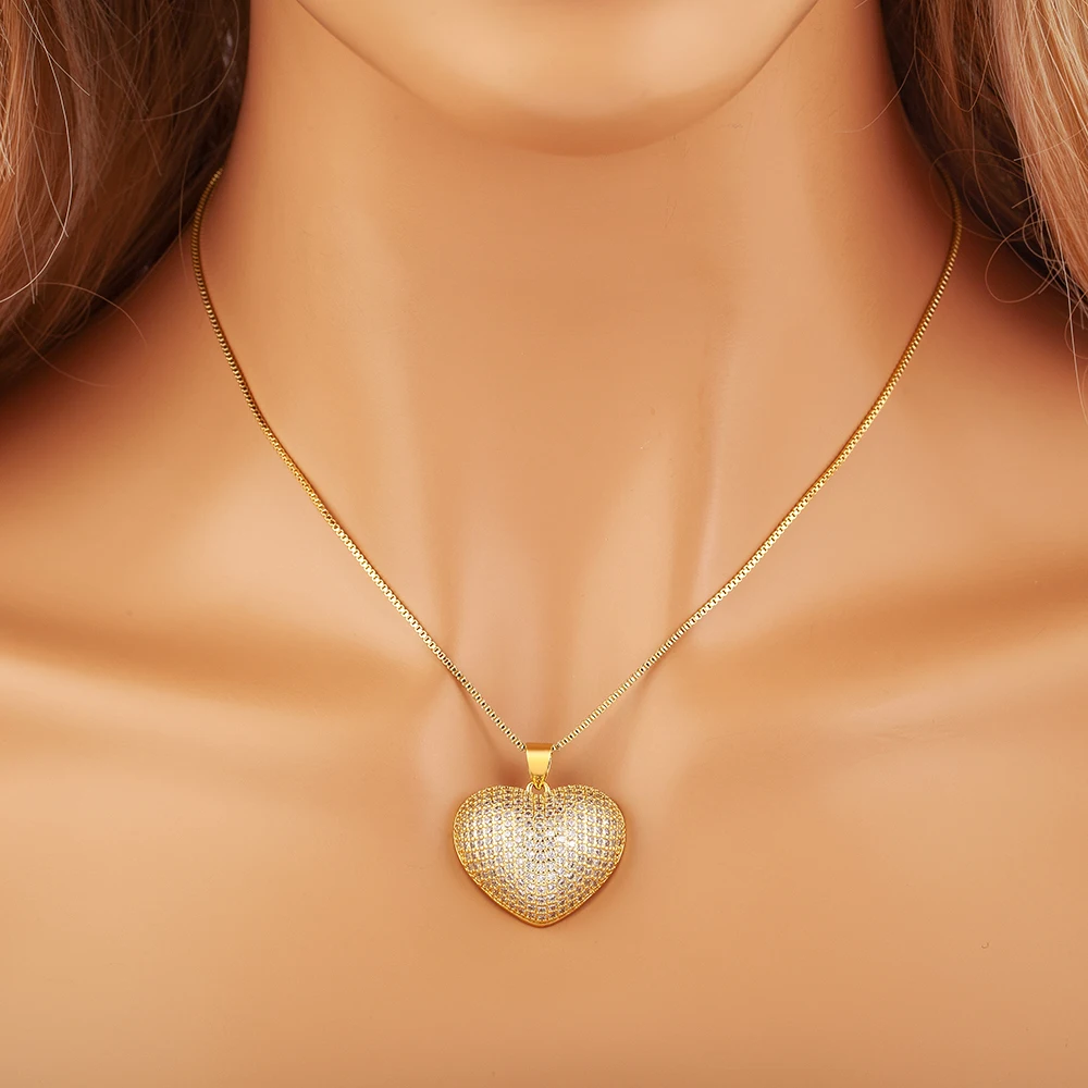 Nidin New Fashion Lucky Heart Shape Pave Shiny Crystal Zircon Pendant Necklace For Women Men Light Luxury Jewelry Accessories ﻿