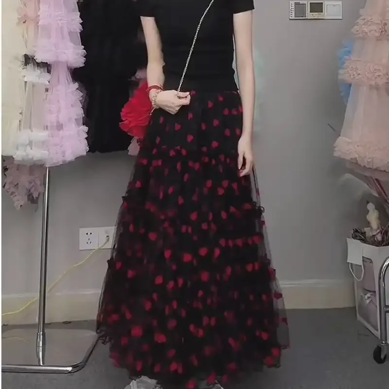 Spring New Plush Love Splicing Yarn Skirt for Slimming and Dazzling Dance Tower Skirt All Match High Waist Cake Skirt
