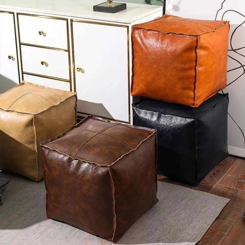 Modern Non-Slip Storage Stool Waterproof No Fillings PU Leather Ottoman Large Capacity Stackable Unstuffed Cushion Cover Tatami