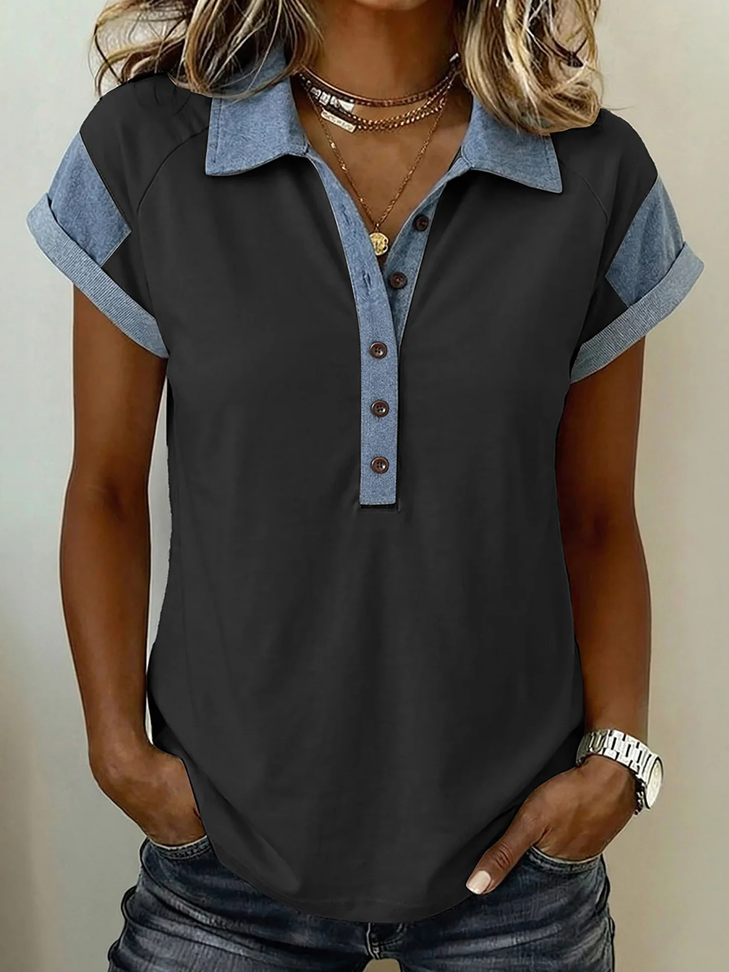 Shiying Casual Style Women's T-shirt Short Sleeve Denim Patchwork Button Front Neckline Pullover Summer New Fashion Top