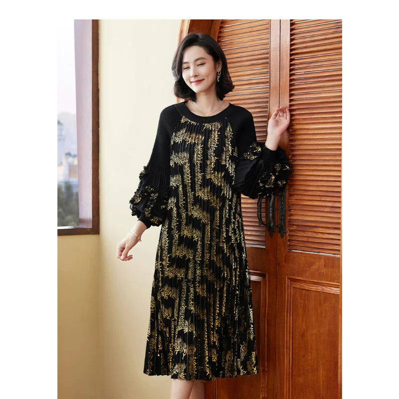 Women Pleated Long Dress 2024 Spring Super Beautiful Exquisite Plus Size Pink Black A-line Commuter Style Lantern Sleeves Lady