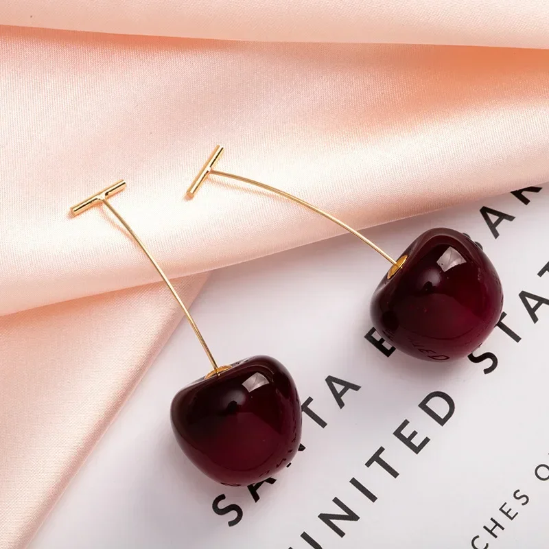 LATS New Cute Simulation Red Cherry Earrings for Women Girl Sweet Resin Hot Sale Earring Student Fruit Fashion Jewelry Gift