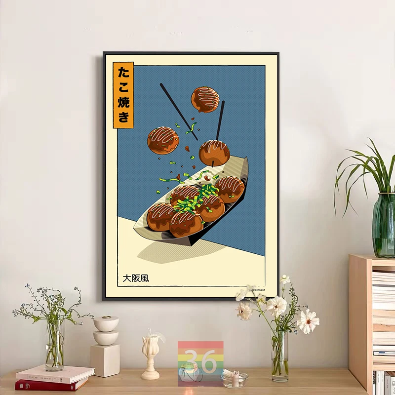 Ramen and Takoyaki Taiyaki Japanese Food Art Poster Canvas Print Vintage Wall Art Food Wall Decor Japanese Restaurant Decoration