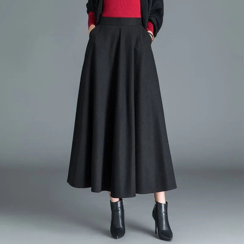 

New Winter Black Woolen Skirt Mid-length High-waisted A-line Women's Skirt Solid Color Thickened Long Skirt