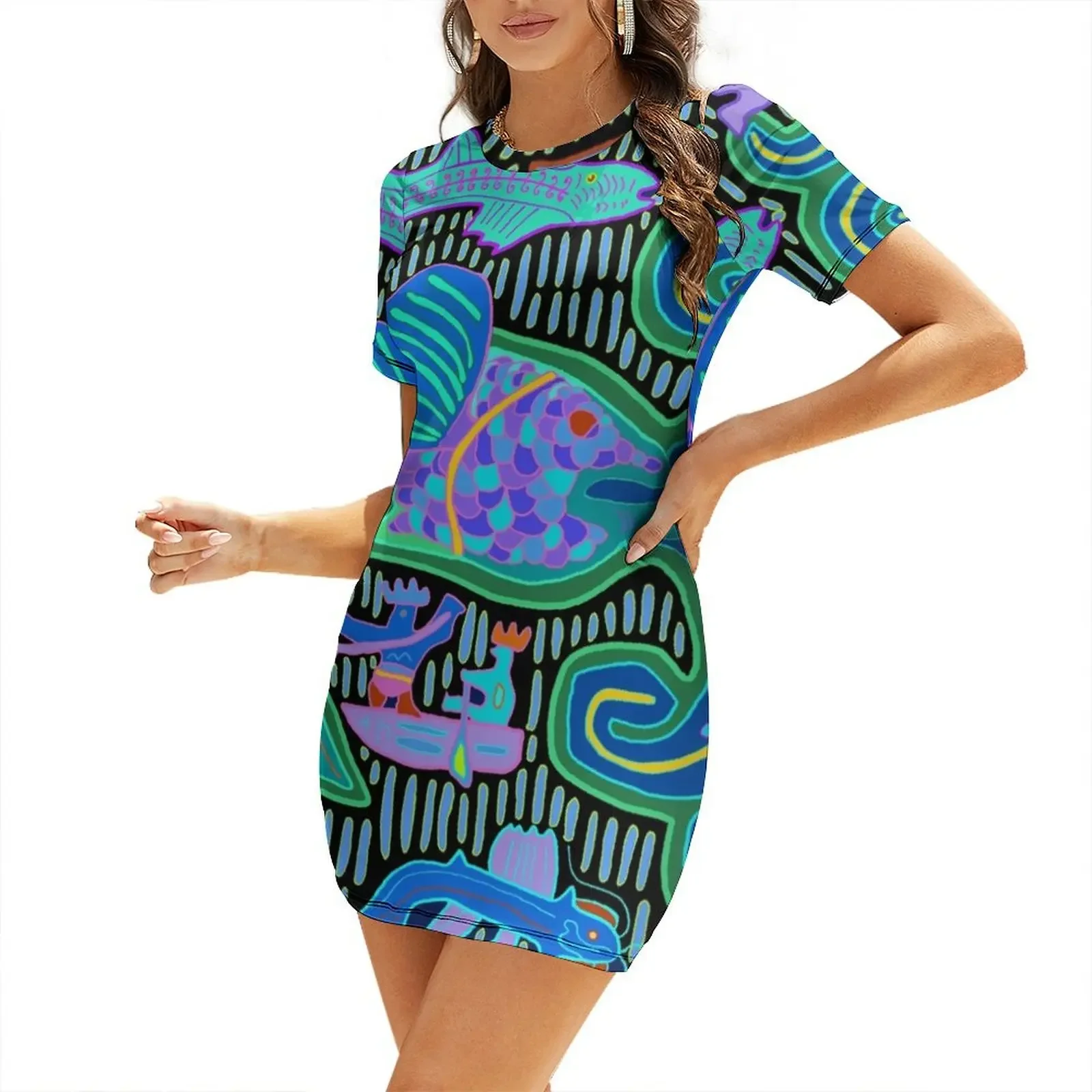 

Kuna Indian Octopus and Fishermen Short-Sleeved Dress women's dresses luxury Dress vintage Woman's evening dress