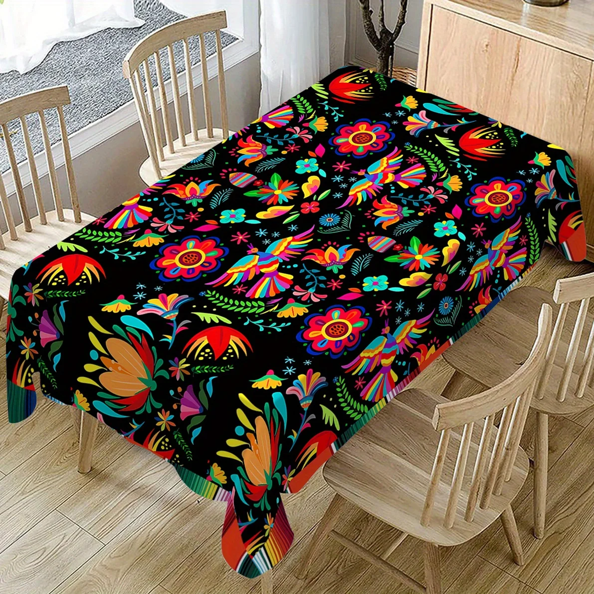 Mexican Day of The Dead Flowers Birds Waterproof Tablecloth Table Decor Farmhouse Kitchen Dining Table Cloth Holiday Party Decor