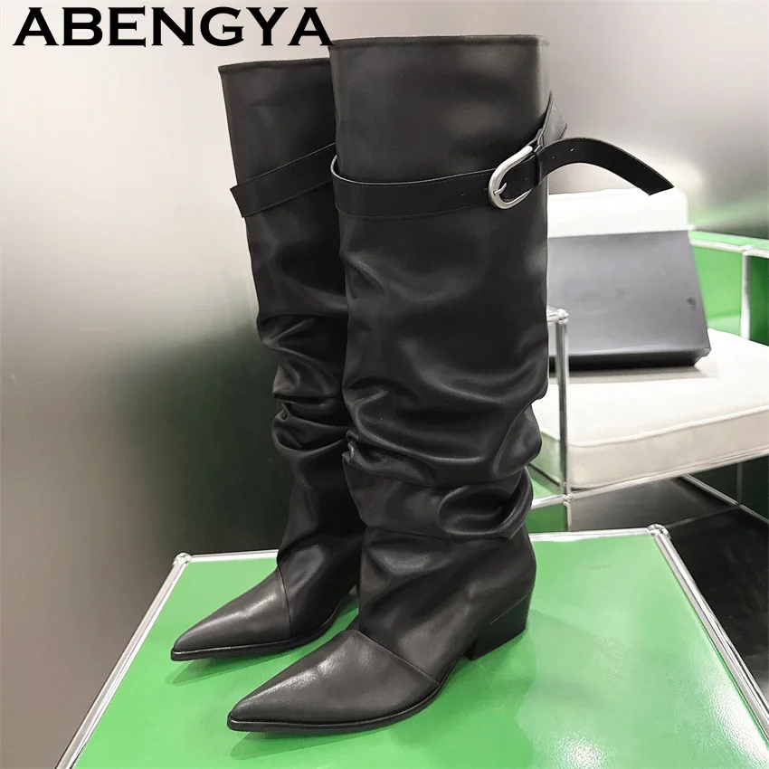 2026 Winter New Genuine Leather Knee-High Boots Women Sexy Pleated Design Fashion Week Long Botas Mujer Female Pointed Toe Boots