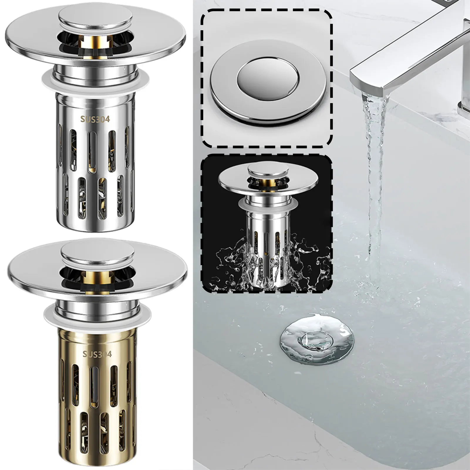 

Washbasin Leaking Stopper,Universal Rebound Drain Plug,Push Type Bounces Drain Filter,Hair Catcher,Bathroom Sink Drain Stopper
