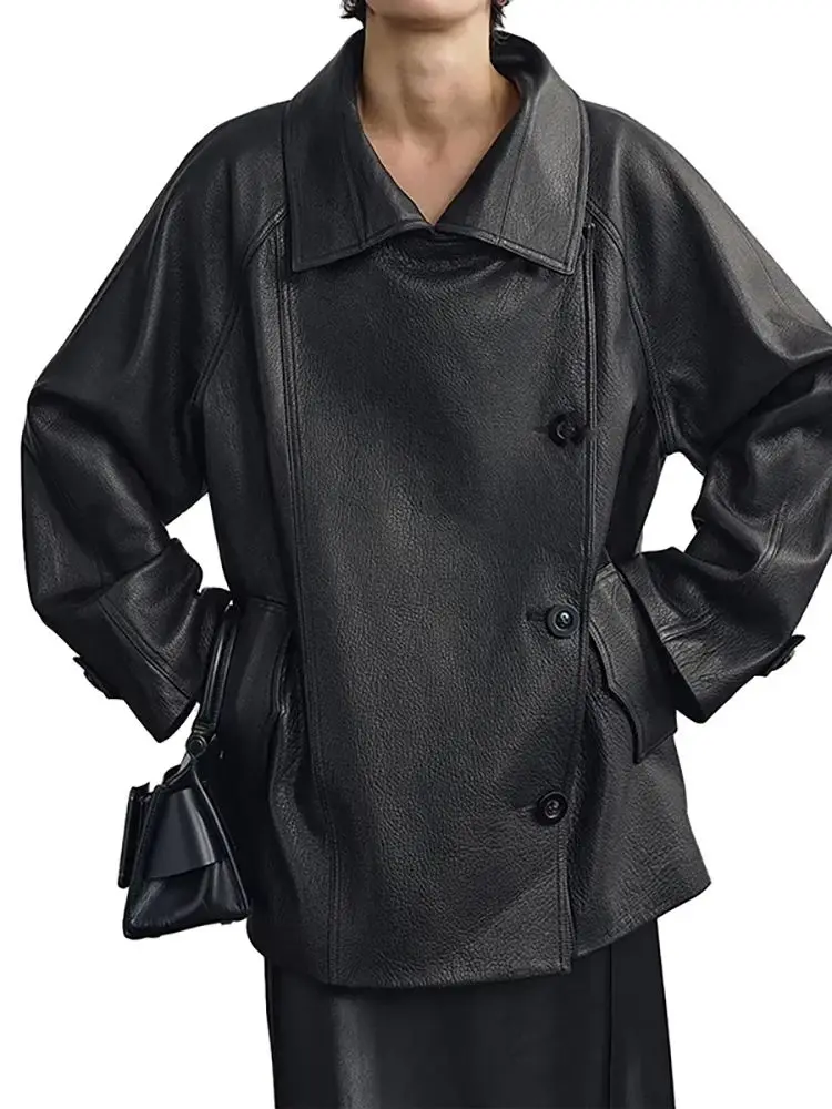 Lautaro primavera otoño Cool Brown chaqueta de cuero Pu de gran tamaño mujeres manga raglán diseñador de lujo ropa Retro americana 2025