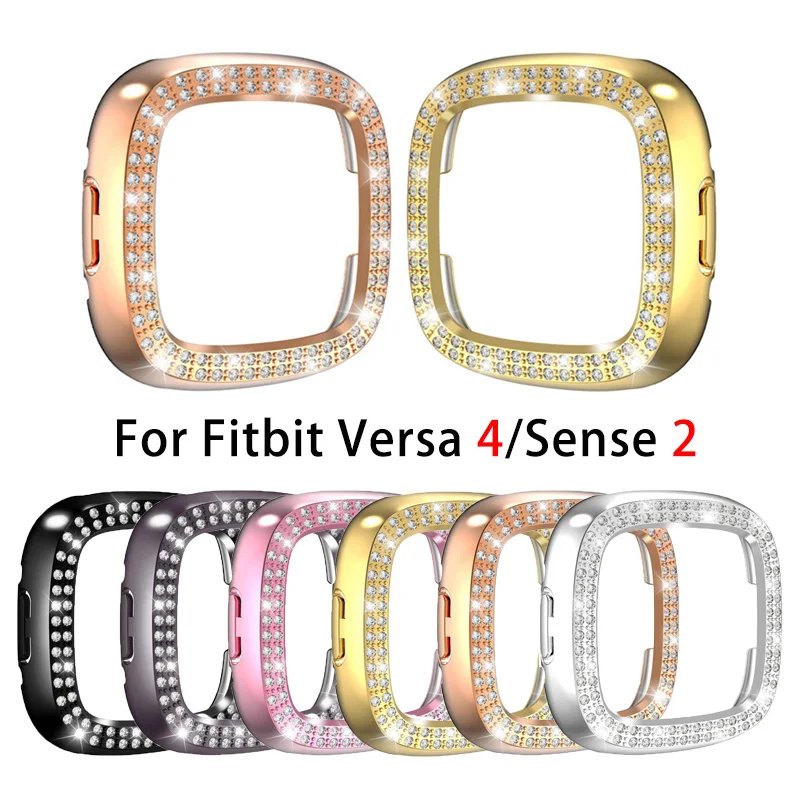 PC Case for Fitbit Versa 4 Smart Watch Double-row Diamond Protective Shell for Fitbit Sense 2 Bumper Anti-fall Frame Cases