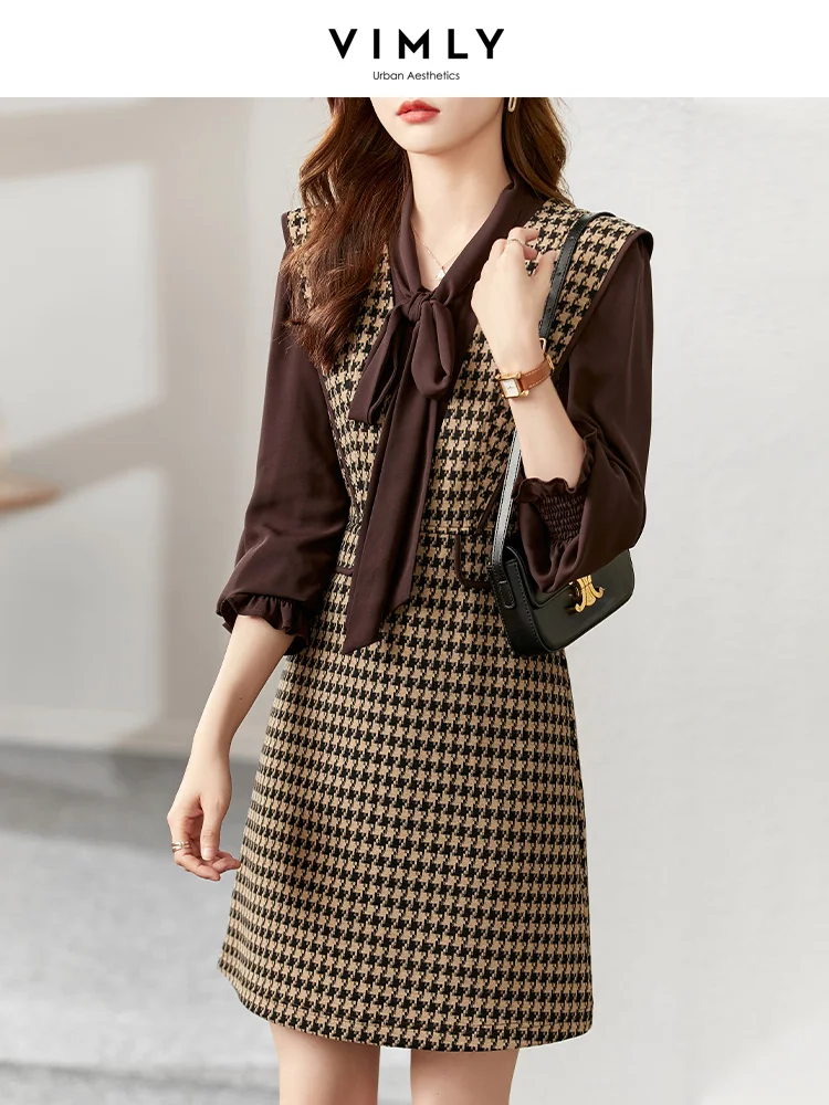 Vimly Elegant Two Piece Tweed Dress Sets for Women 2023 Autumn Winter Fashion Office Outfits Long Sleeve Chiffon Shirt Dress