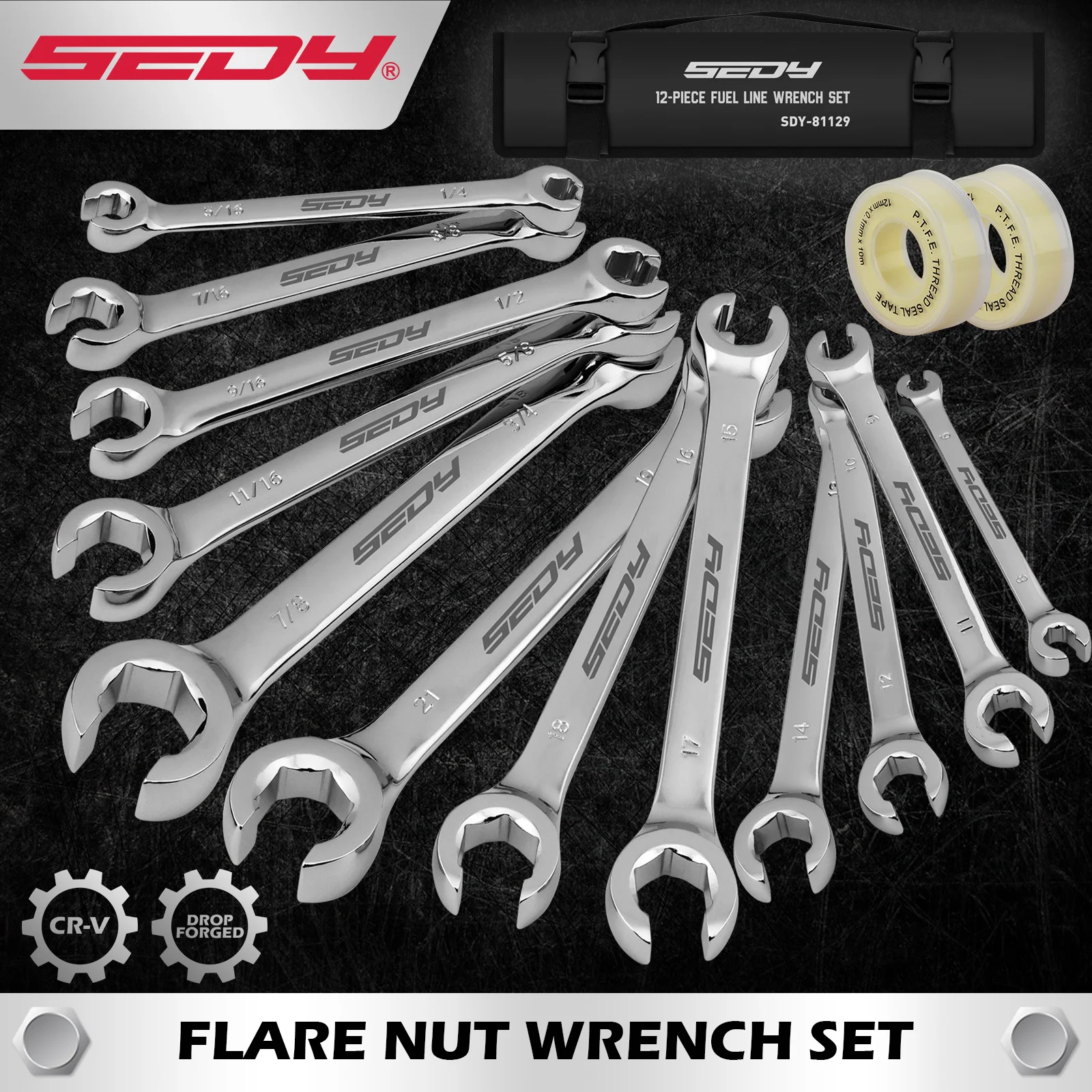

SEDY 12Pcs Flare Nut Spanner Set Teflon Tape Metric & SAE Brake Line Repairing