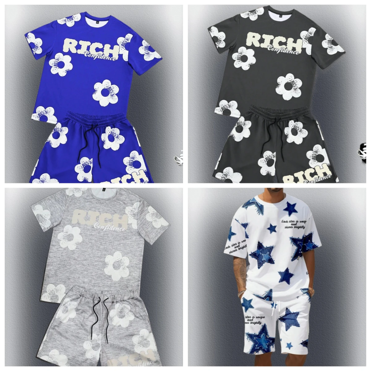 Setelan Kaos dan Celana Pendek Pria Motif Bunga Hitam Putih 2-Piece, Kerah O-neck Lengan Pendek, Celana Pendek Pinggang Elastis