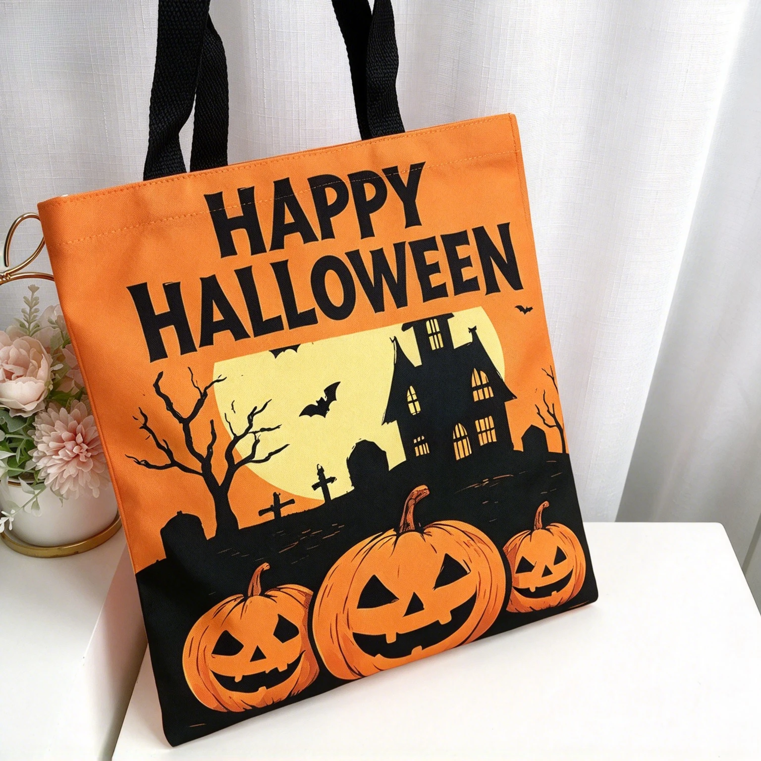 Halloween Themed Canvas Handbag Spooky House Pumpkin Pattern ToteBag Reusable Shopping Shoulder Bag for Party Holiday Decor Gift