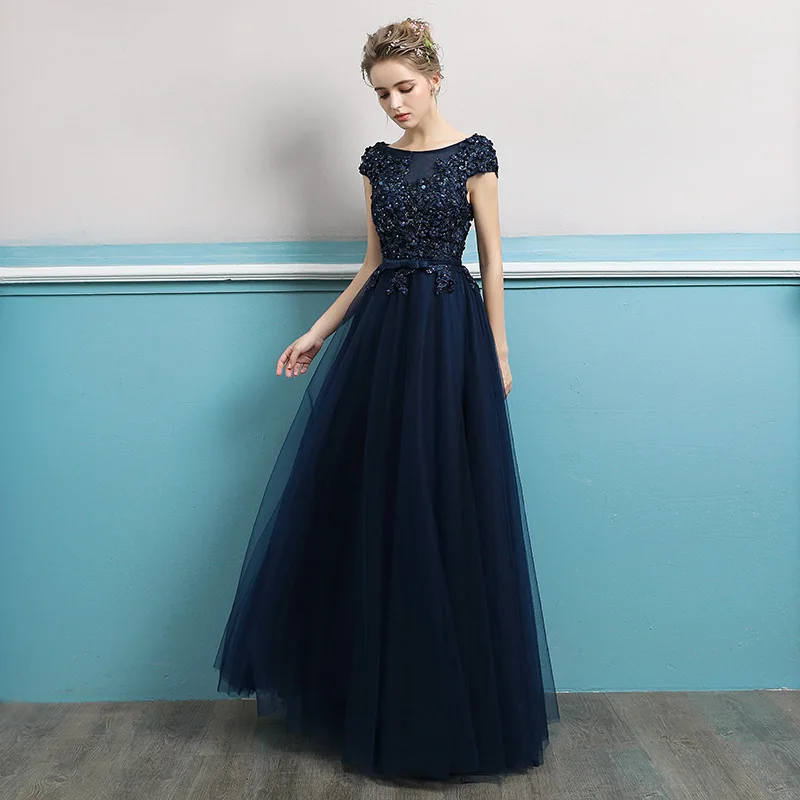 N1190 Abito da sera blu navy Fiori Lunghezza pavimento Maglia Tulle Abito da laurea Dolce memoria Banchetto Abiti da celebrità per feste