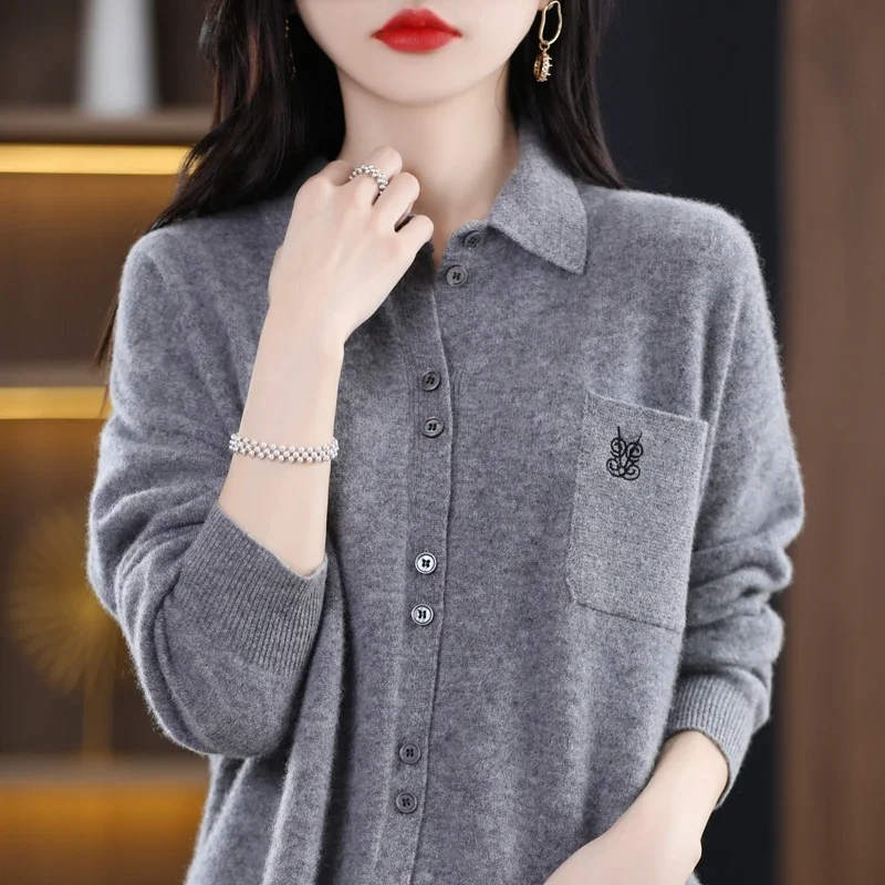 Women 100% Wool Cardigan Polo Collar Embroidery Fashion Colors Knitted Loose Shirt Sweaters Solid Pure Merino Spring Autumn New