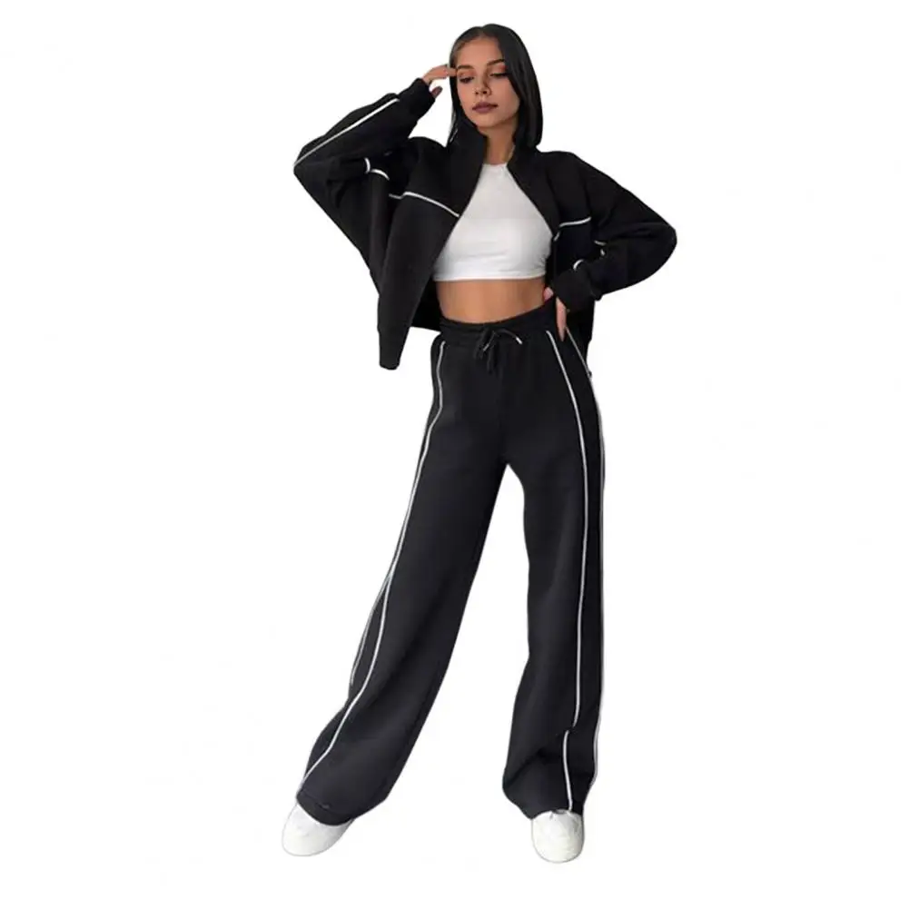 Casual Jogging Pants Set Stylish Women\'s Winter Tracksuit Set with Half-high Collar Coat Wide Leg Pants Zip-up Top for Cold