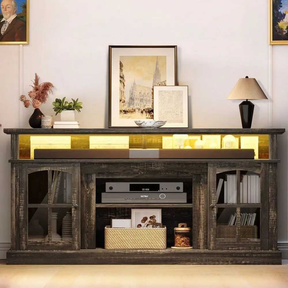 Suporte de TV com luzes LED e tomadas de energia para centro de entretenimento de 70/65/60 polegadas