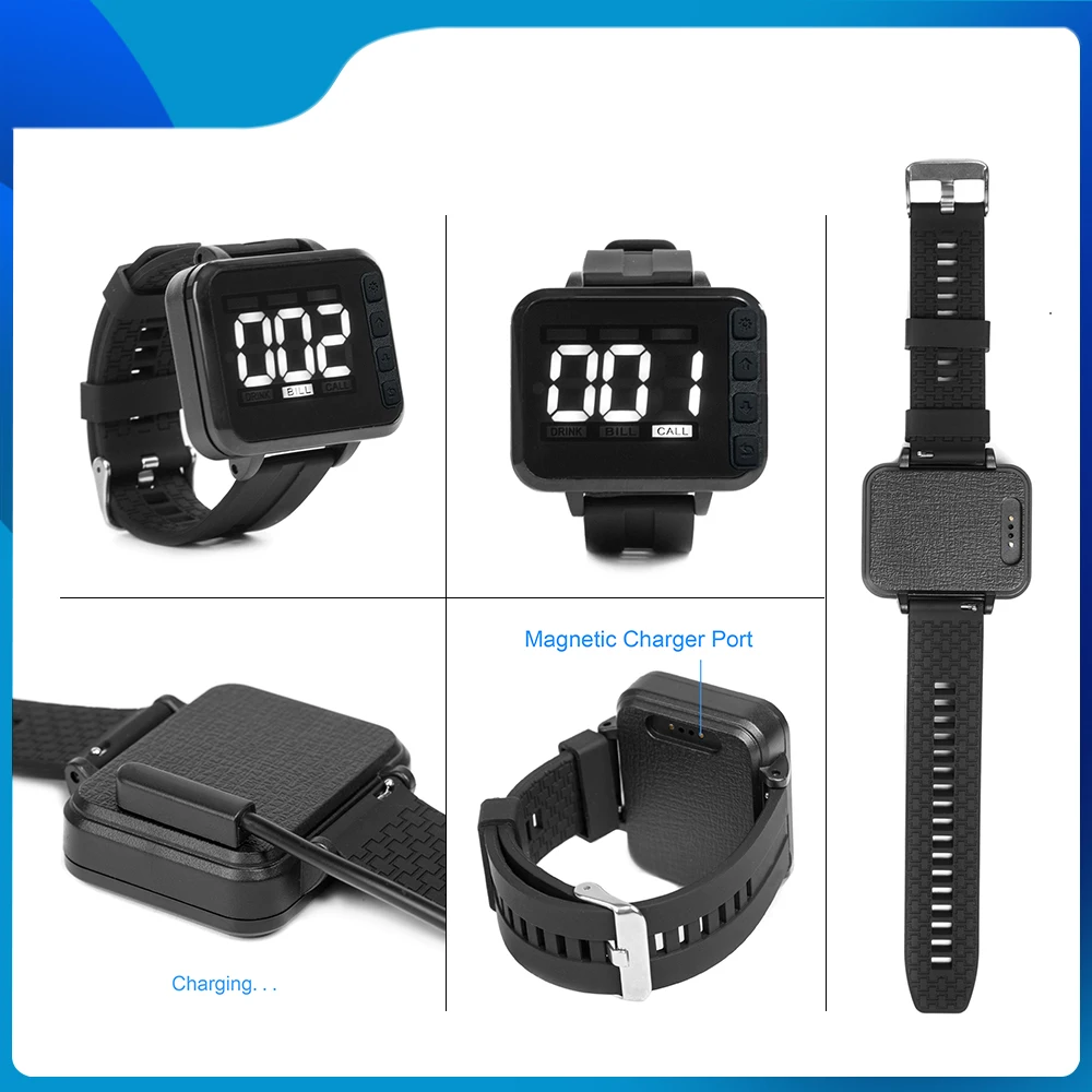 Wireless Calling System Restaurant Waiter Pager 1 Vibration Watch Clock 5 Waterproof Bell Button Hookah