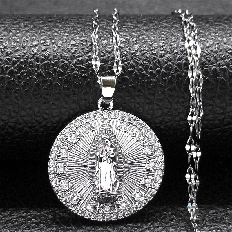 Luxury Virgin Mary Copper Zircon Medal Pendant Necklace for Women Men Stainless Steel Gold Color Our Lady Chain Jewelry collar